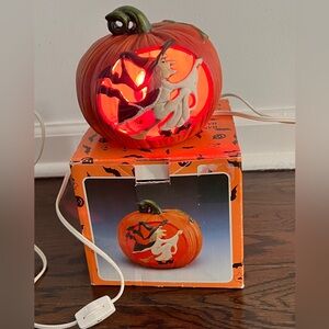 Vintage Halloween porcelain bisque pumpkin witch light lantern Brinn's handpaint